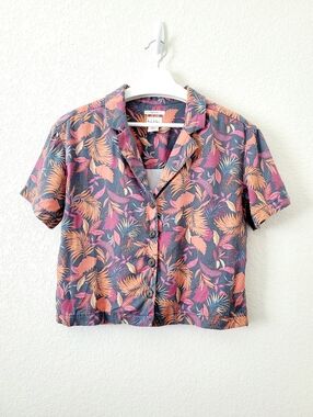 Nicole Miller Lyocell Tropical Plants Foliage Vibrant Crop Buttondown Shirt M